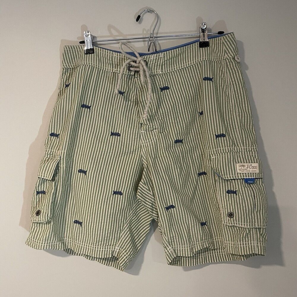 J Crew Swim Shorts Sz 32 Green Striped Seersucker Fish Embroidered Trunks